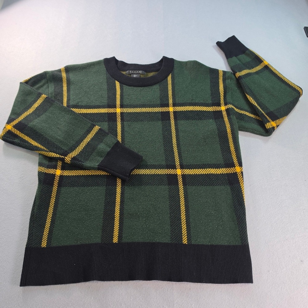 Tahari Womens Large Plaid Knit Sweater Green Black Yellow Preppy Classic Fall